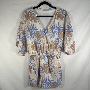 Pink Lily Romper S Palm Leaf Print V-Neck Elastic Waist Casual Blue Beige Beachy